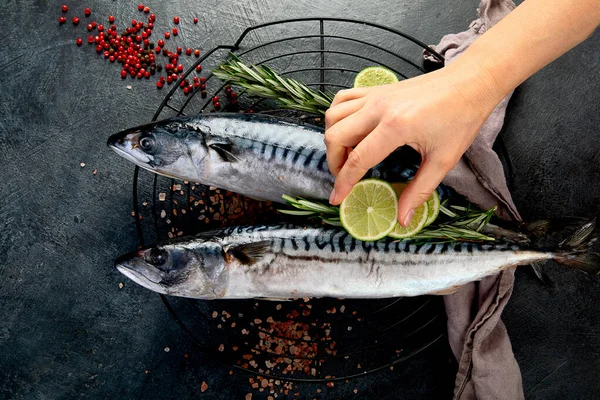 Taze uskumru ve otlar. Taze balık ve deniz ürünleri düzenlemesi. Üst görünüm.