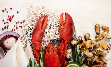 Çeşitli taze deniz ürünleri ve otlar. Taze balık ve deniz ürünleri düzenlemesi. Üst görünüm.