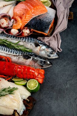 Çeşitli taze deniz ürünleri ve otlar. Taze balık ve deniz ürünleri düzenlemesi. Üst görünüm.