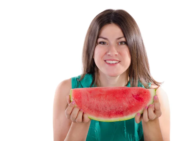 Sonriente mujer sosteniendo rebanada de sandía —  Fotos de Stock