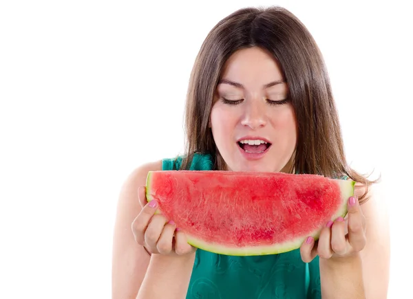 Sonriente mujer sosteniendo rebanada de sandía —  Fotos de Stock