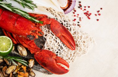 Çeşitli taze deniz ürünleri ve otlar. Taze balık ve deniz ürünleri düzenlemesi. Üst görünüm.