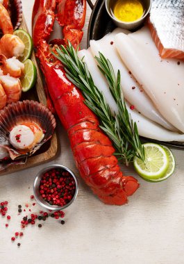 Çeşitli taze deniz ürünleri ve otlar. Taze balık ve deniz ürünleri düzenlemesi. Üst görünüm.