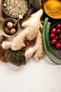 Sağlıklı doğal adaptojen. Bitkiler, baharatlar, hafif arka planda mantarlar. Sinir gıdası koleksiyonu. Üst görünüm