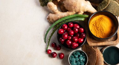 Sağlıklı doğal adaptojen. Bitkiler, baharatlar, hafif arka planda mantarlar. Sinir gıdası koleksiyonu. Üst görünüm