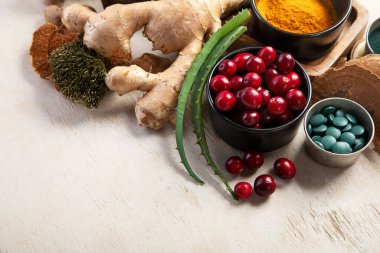 Sağlıklı doğal adaptojen. Bitkiler, baharatlar, hafif arka planda mantarlar. Sinir gıdası koleksiyonu. Üst görünüm