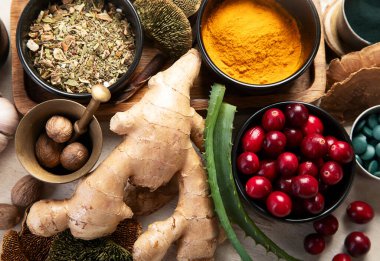 Sağlıklı doğal adaptojen. Bitkiler, baharatlar, hafif arka planda mantarlar. Sinir gıdası koleksiyonu. Üst görünüm