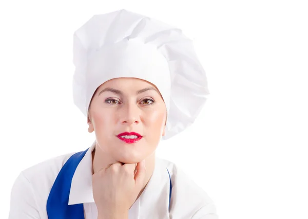 Usmívající se žena kuchař na bílém pozadí — Stock fotografie