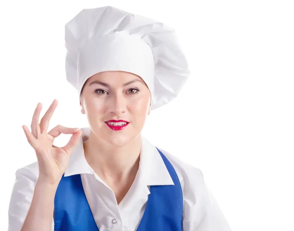 Portret van jonge lachende vrouw chef-kok — Stockfoto
