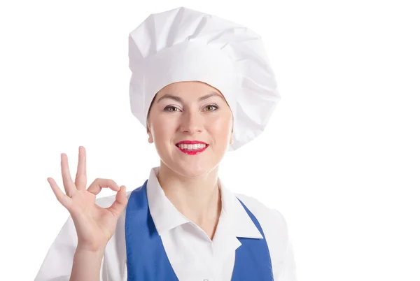 Femme chef souriante sur fond blanc — Photo