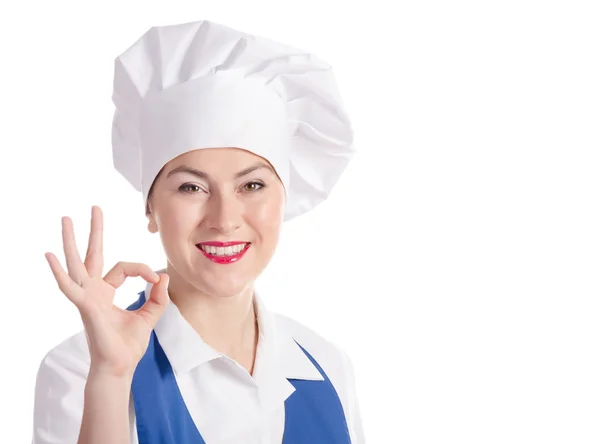Chef femme souriante sur fond blanc — Photo