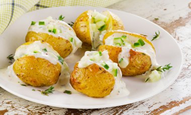 Plaka üzerinde fırında patates.