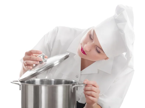 Femeie bucătar bucătar cu o oală . — Fotografie, imagine de stoc
