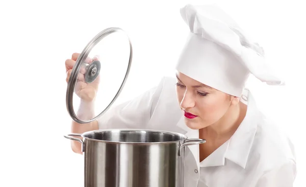 Woman chef cook with pot. — Stock Photo, Image