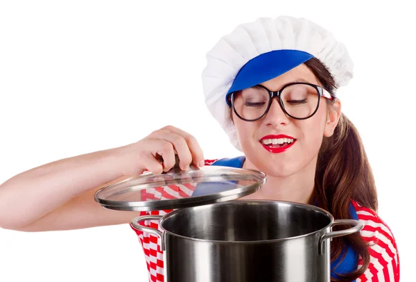 Smiling woman chef cook holding pot. — Stock Photo, Image