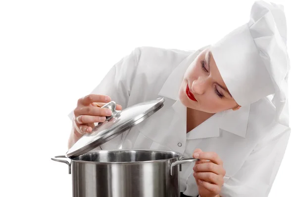 Femeie bucătar bucătar cu o oală . — Fotografie, imagine de stoc
