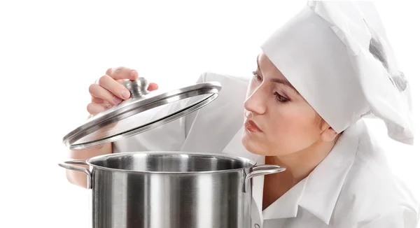 Femeie bucătar bucătar cu oală . — Fotografie, imagine de stoc