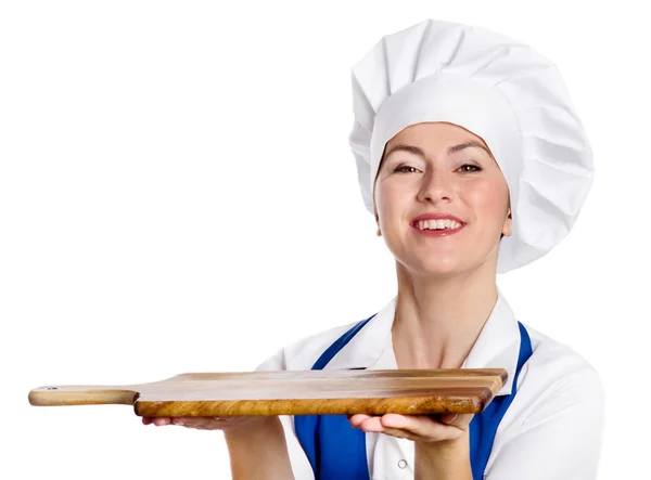 Kobieta kucharz z deska do krojenia — Zdjęcie stockowe