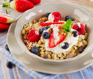 Taze meyve, yoğurt ve müsli Kahvaltı.