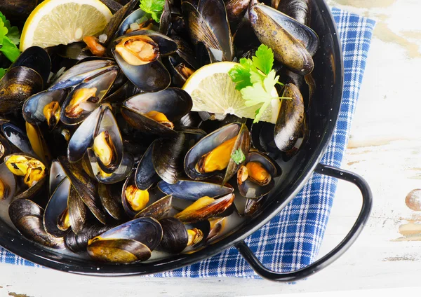 Copper pot of gourmet mussels  garnished with lemon slices. — Stock Photo, Image