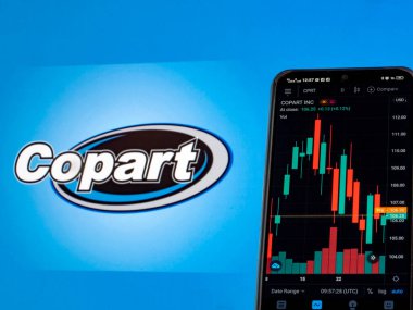 Kiev, Ukrayna, 31 Mart 2021. Bu resimde Copart A.Ş. 'nin borsa bilgileri arka planda Copart Inc. logosu olan bir akıllı telefonda sergileniyor..