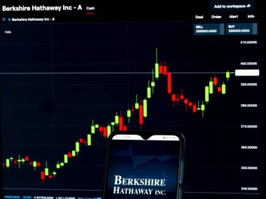 Kiev, Ukrayna, 7 Nisan 2021. Bu fotoğrafta Berkshire Hathaway A.Ş. logosu arka planda Berkshire Hathaway A.Ş. 'nin borsa bilgilerinin bulunduğu bir akıllı telefonda sergileniyor.. 