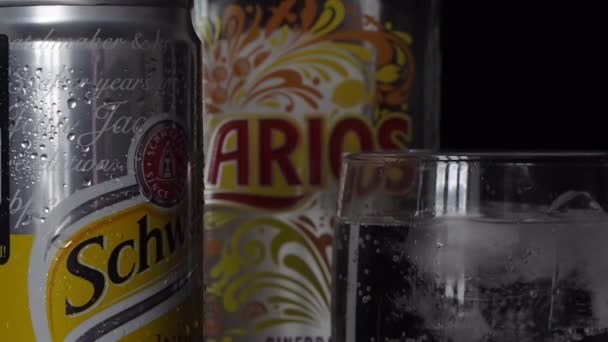2021年9月3日 乌克兰基辅 拉力士金瓶背景下旋转的Schweppes印第安Tonic罐头 — 图库视频影像