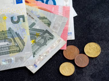 Bu resimde, çeşitli Euro banknotları ve madeni paraların bir koleksiyonu sergilenmektedir.