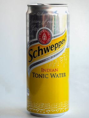 Kiev, Ukrayna, 15 Eylül 2021. Schweppes Hint Tonisi 'nin bu fotoğraf kutusunda