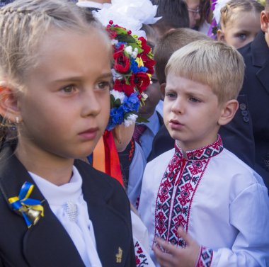 First-grade students of secondary school No 6 Boryspil, Kiev region, Ukraine -- 31 500 children of migrants from the Donetsk and Lugansk regions and Russia annexed the Crimea went to school on September 1 in other regions of Ukraine. clipart