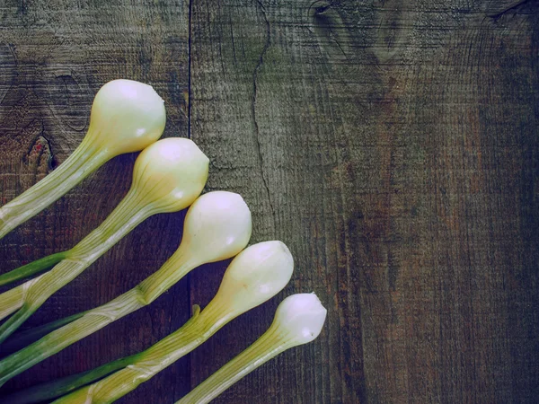 Cipolle verdi su uno sfondo di legno resistente alle intemperie — Foto Stock