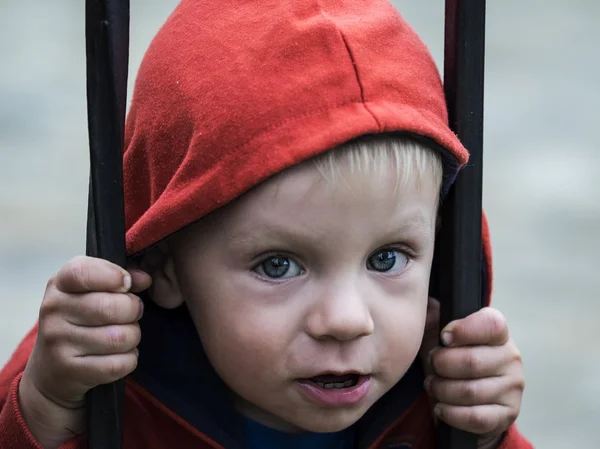 Kırmızı ceketli küçük çocuk. — Stok fotoğraf