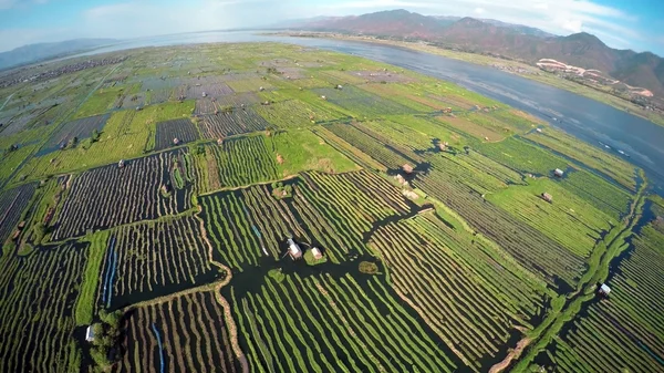 Letecký snímek plovoucí zahrady na Inle Lake — Stock fotografie