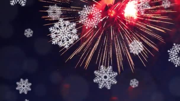 Hermoso Espectáculo Fuegos Artificiales Cielo Nocturno Fondo Animación Copo Nieve — Vídeo de stock