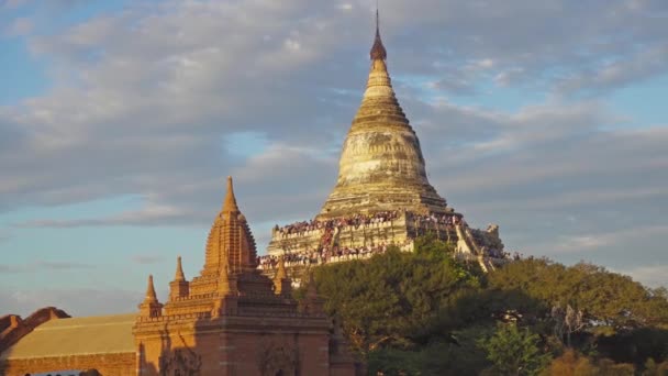 Los Turistas Son Recibidos Atardecer Pagoda Shwesandaw Paya Bagan Myanmar — Vídeo de stock