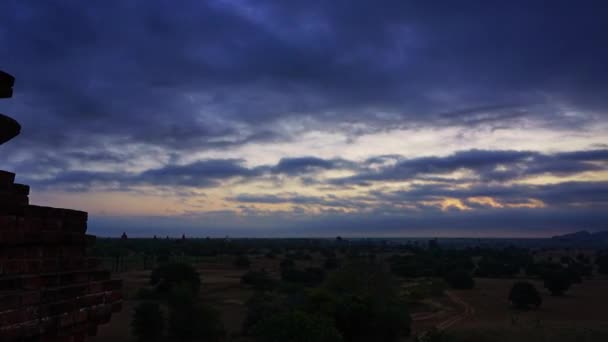 Пейзаж Храмами Багане Восходе Солнца Мьянма Бирма Зум Timelapse — стоковое видео