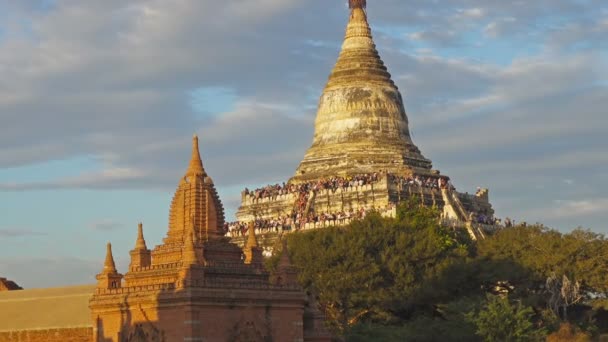 Turister Hälsas Solnedgång Shwesandaw Pagoda Paya Bagan Myanmar Burma Zooma — Stockvideo