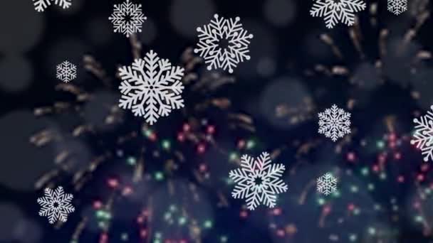 Hermoso Espectáculo Fuegos Artificiales Cielo Nocturno Fondo Animación Copo Nieve — Vídeo de stock