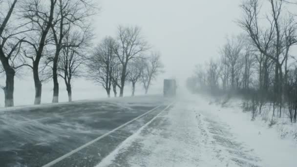 Ciężarówka Poruszająca Się Zimowej Drodze Śnieżycy — Wideo stockowe