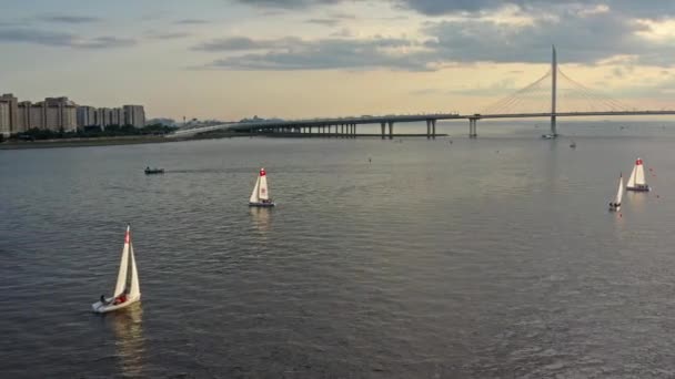 Gün Batımında Petersburg Daki Kablo Destekli Köprünün Havadan Görüntüsü — Stok video