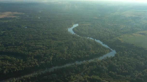 ロシアの森の中の曲がりくねった川ホッパーの空中夕暮れビュー — ストック動画