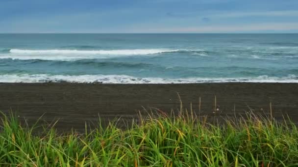 Praia Khalaktyrsky Com Areia Preta Ondas Oceano Pacífico Península Kamchatka — Vídeo de Stock
