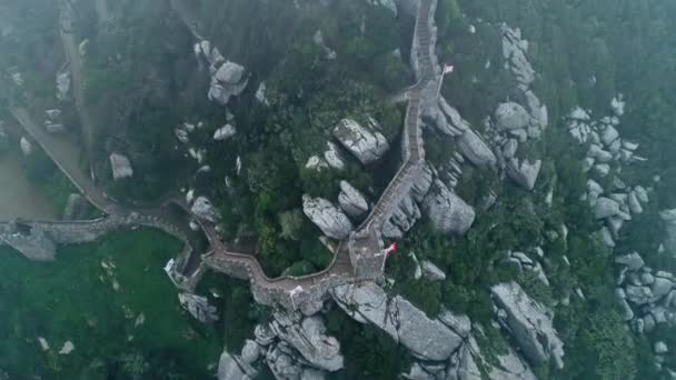 Luchtfoto Van Castelo Dos Mouros Moors Kasteel Moren Mist Sintra — Stockvideo