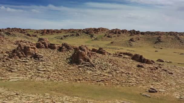 Aerial View Rock Formations Stacked Stones Granite Hilltops Baga Gazriin — Stock Video