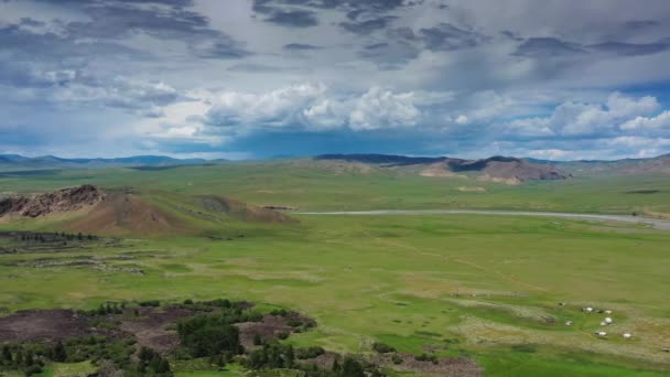 Veduta Panoramica Aerea Yurte Steppa Montagne Paesaggio Valle Orkhon Mongolia — Video Stock