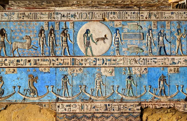 Hieroglyphic carvings in ancient egyptian temple