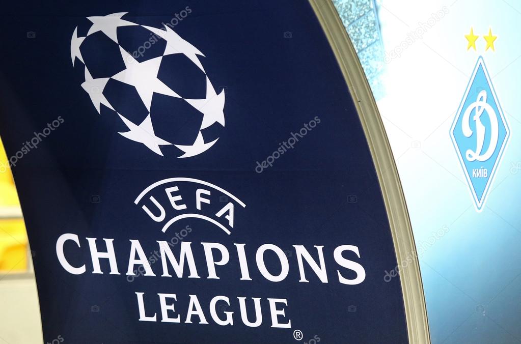KYIV, UKRAINE - SEPTEMBER 13, 2016: Official UEFA Champions League logo on the decoration board during UEFA Champions League game FC Dynamo Kyiv vs SSC Napoli at NSC Olympic stadium in Kyiv, Ukraine