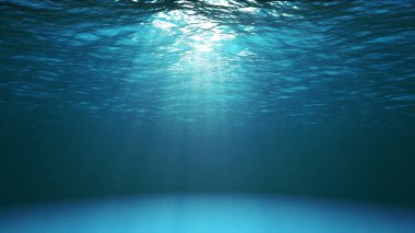 Suyun altından görülen koyu mavi okyanus yüzeyi. Su altında soyut fraktal dalgalar ve ışıldayan güneş ışınları