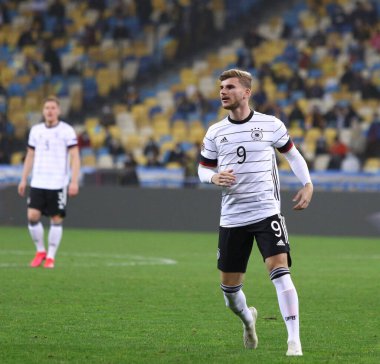 KYIV, UKRAINE - 10 Ekim 2020: Kyiv 'deki NSK Olimpiyskiy Stadyumu' nda oynanan UEFA Milletler Ligi karşılaşmasında Alman Forvet Timo Werner. Almanya 2-1 kazandı.