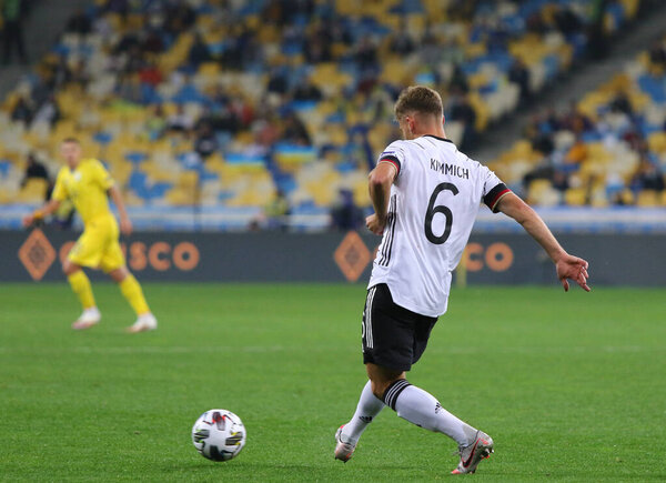 KYIV, UKRAINE - OCTOBER 10, 2020: Defender Joshua Kimmich of Germany in action during the UEFA Nations League game against Ukraine at NSK Olimpiyskiy stadium in Kyiv. Germany won 2-1